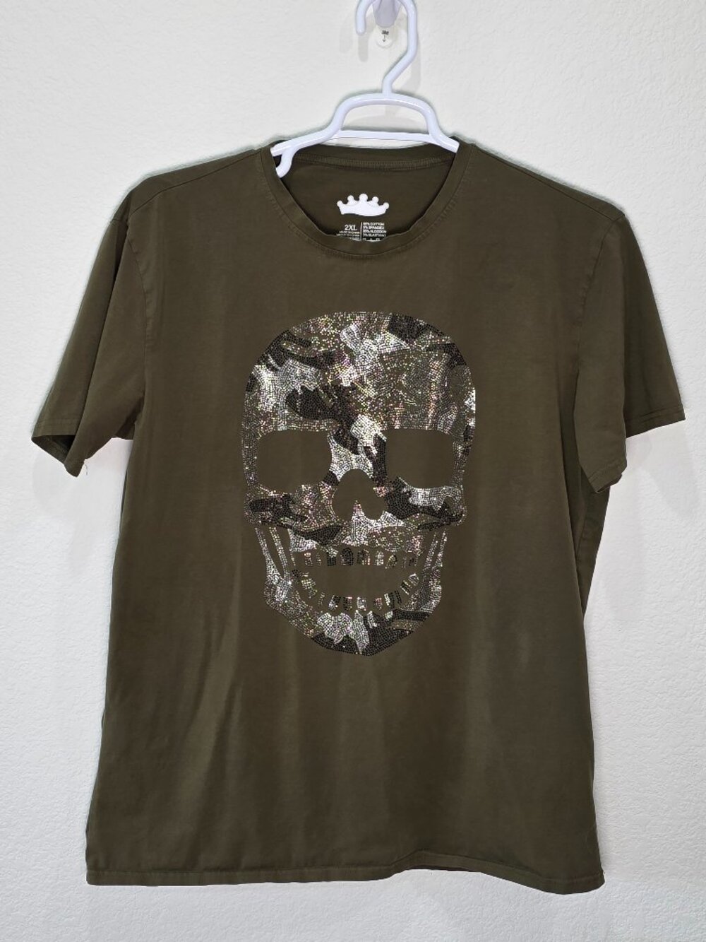 Heads or Tails Olive Camo Rhinestone Skull Graphic Tee Shirt 2XL